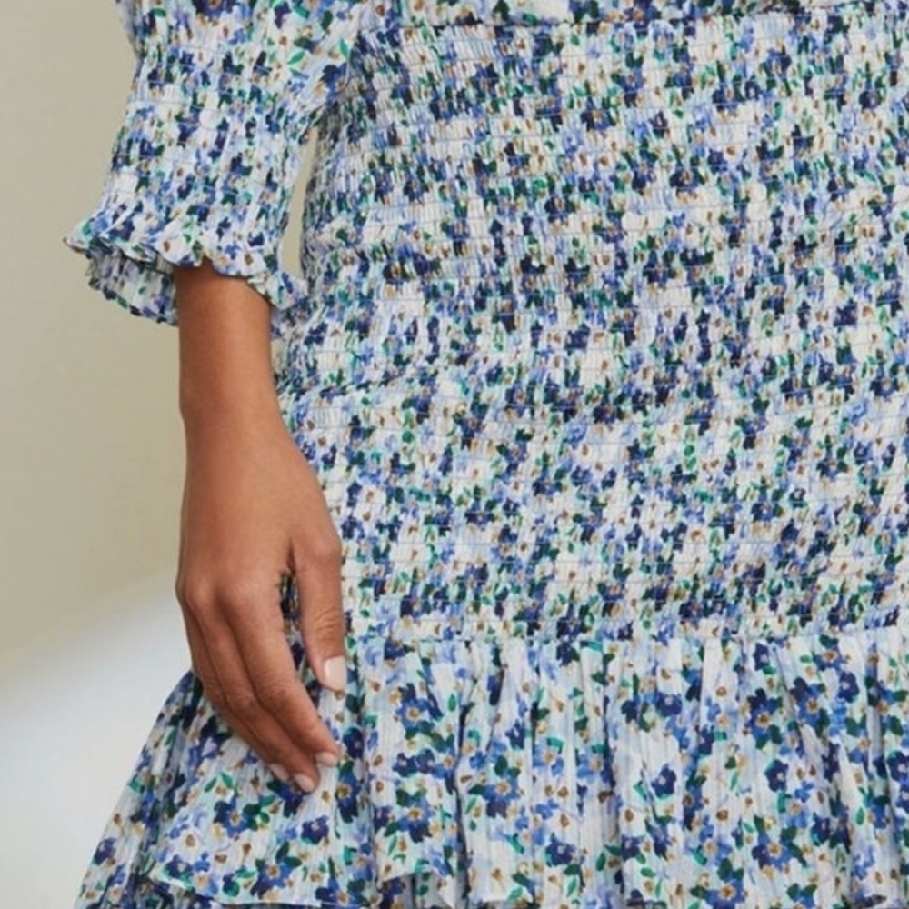 Veronica Beard Darrah Smocked Floral Print Cotton Dress - Picture 3 of 8